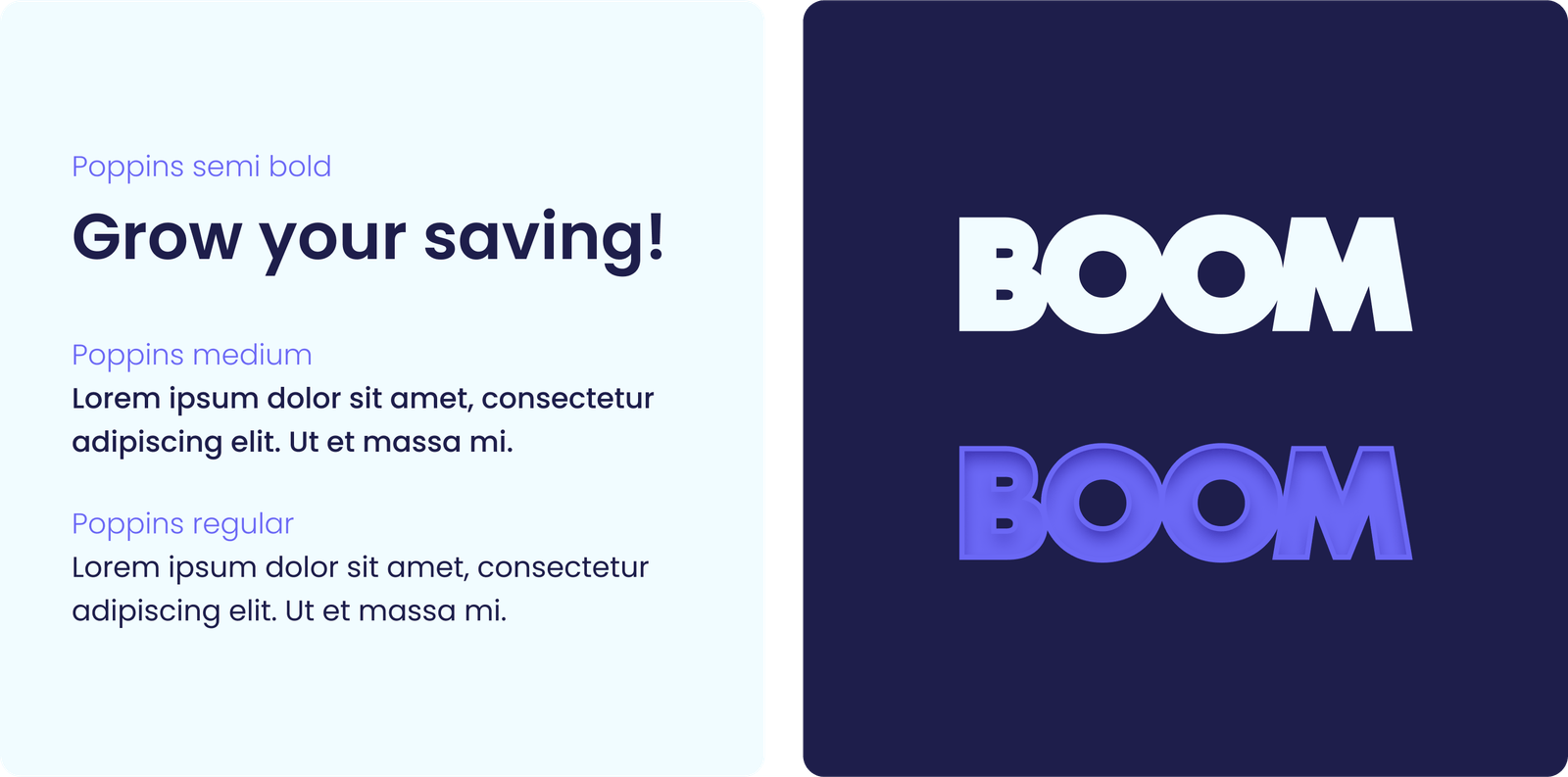 Boom brand sheet: Poppins type scale beside white and purple BOOM wordmarks on navy