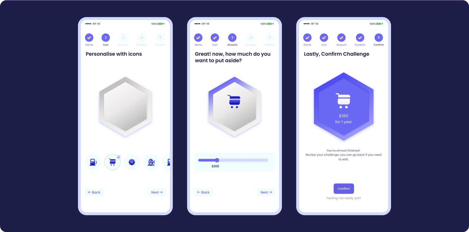 Five-step Boom challenge setup flow across three phones: pick icon, set amount, confirm