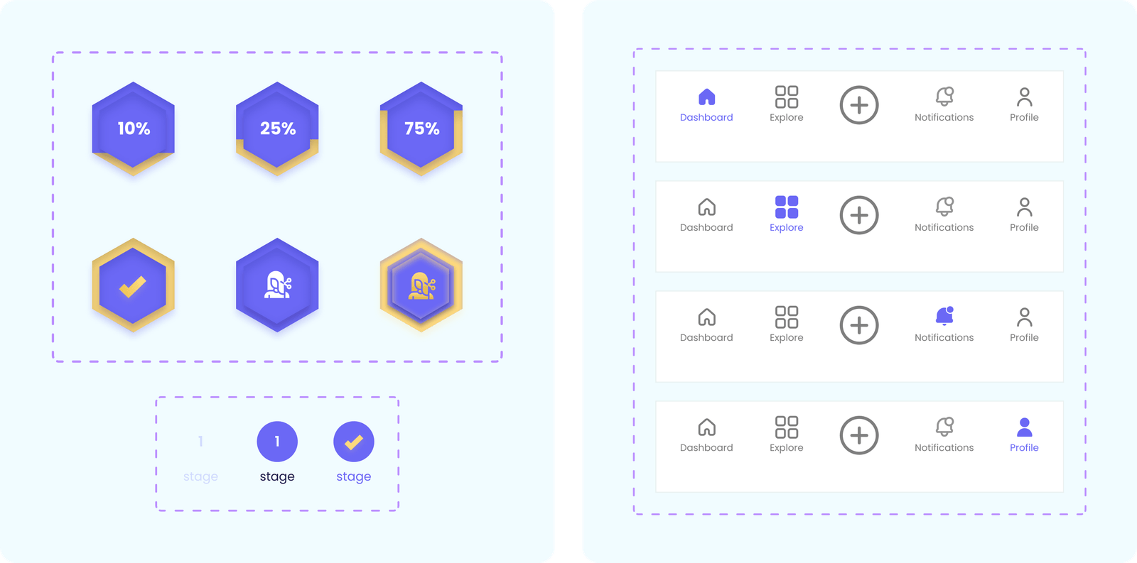 Boom UI kit: hexagon progress badges at 10, 25, 75 percent and navigation bar states