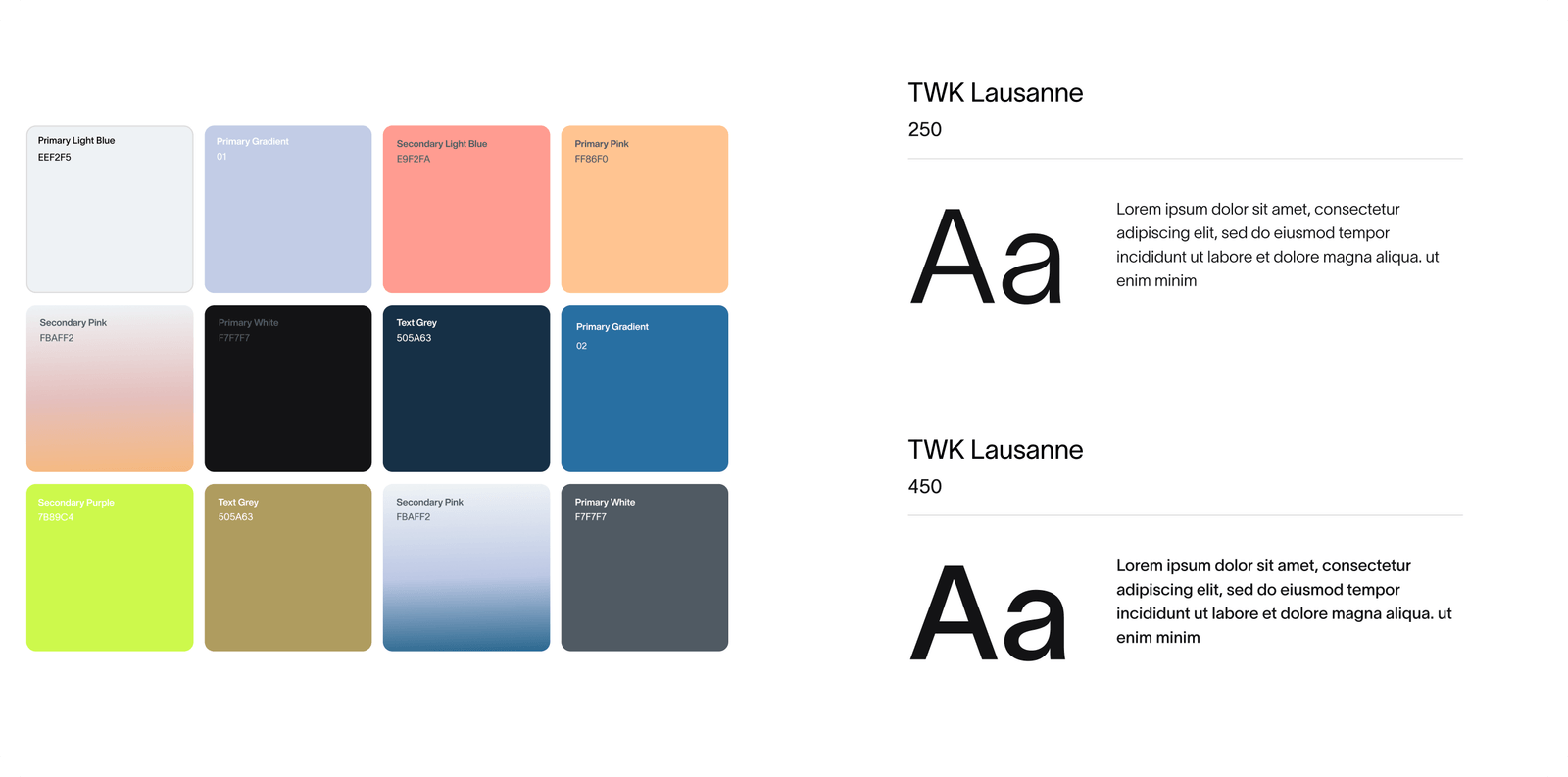 Core brand style guide with named color swatches, hex codes and TWK Lausanne type specimens