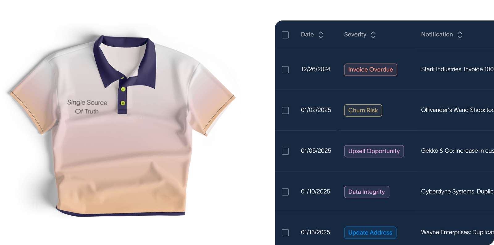 Gradient Core polo shirt reading Single Source Of Truth beside dark severity notification table