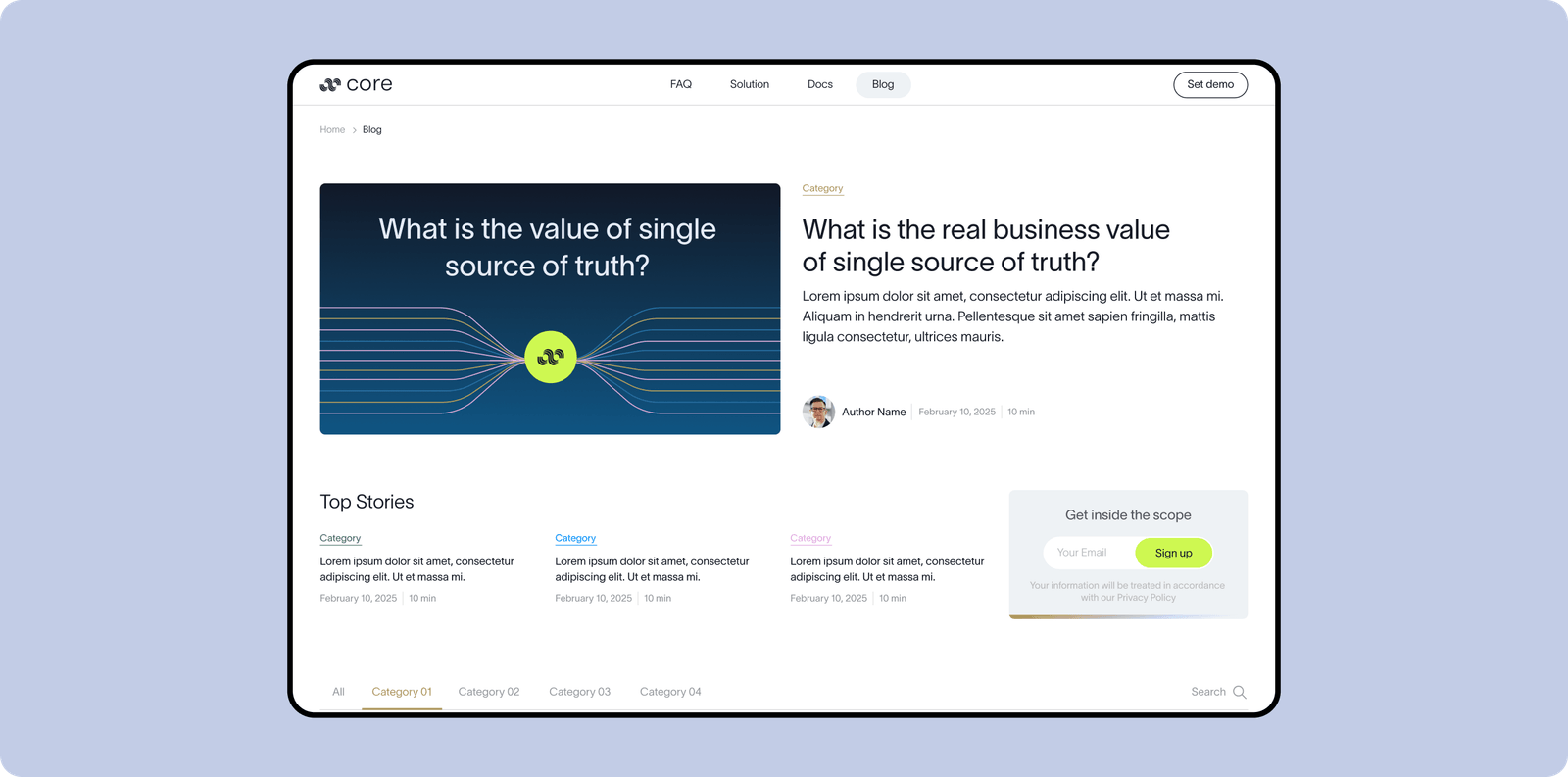 Core blog page design with featured article, Top Stories row and newsletter signup card