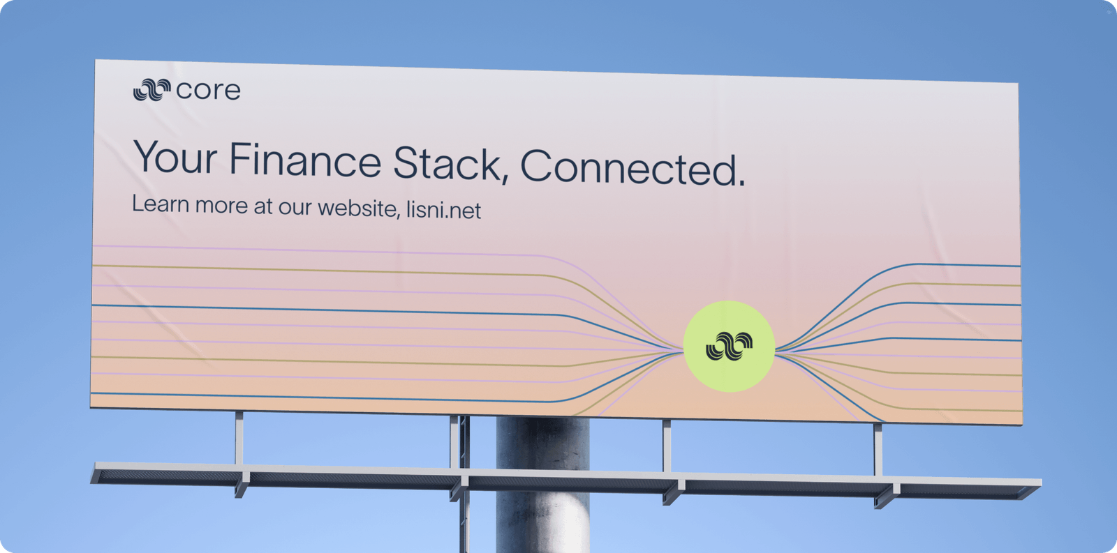 Roadside billboard mockup reading Your Finance Stack, Connected with gradient converging-lines Core artwork