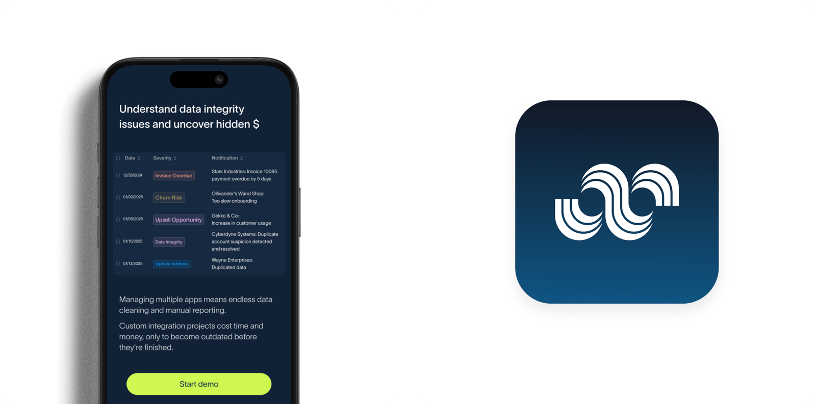 Core app icon monogram on navy gradient next to phone screen listing data integrity alerts