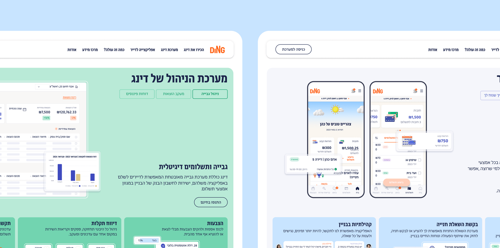 Ding management system page with expense dashboard, beside resident app phones showing dues and parking
