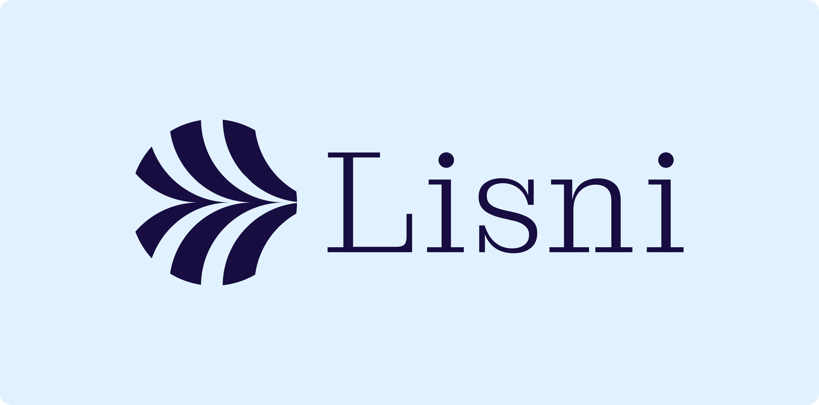 Lisni horizontal logo on pale blue: navy layered feather mark beside serif Lisni wordmark