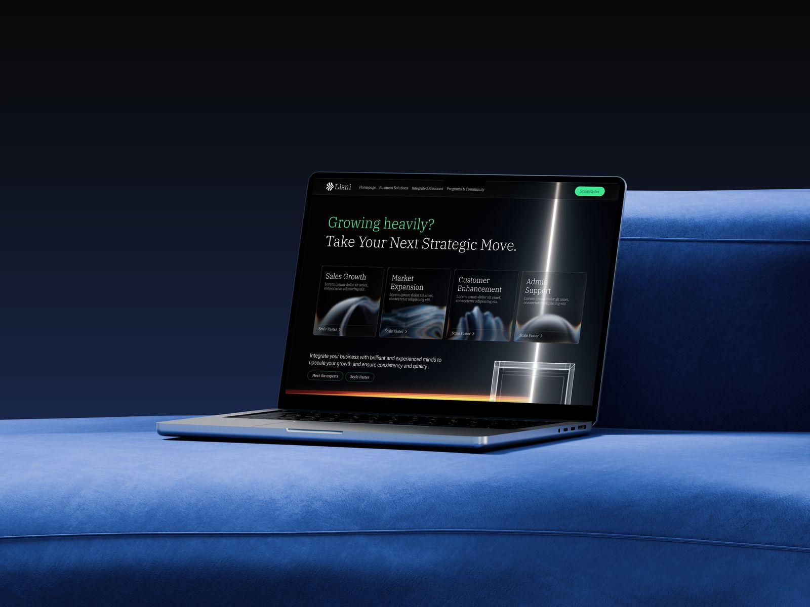 Laptop on blue velvet sofa showing dark Lisni homepage with Growing heavily headline and service cards