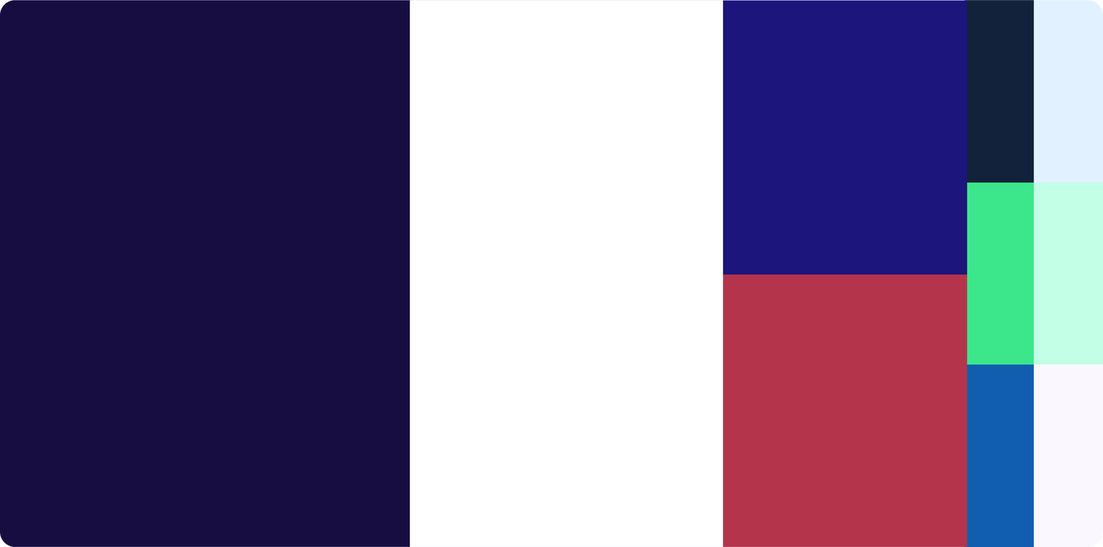 Lisni color palette blocks: deep navy, white, indigo, crimson, green, mint and pale blue