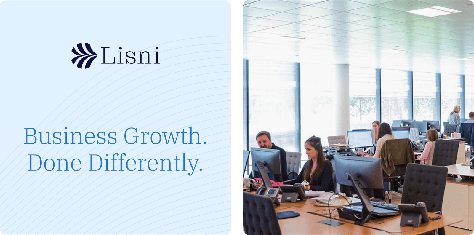 Lisni logo with Business Growth Done Differently slogan beside photo of open plan office team