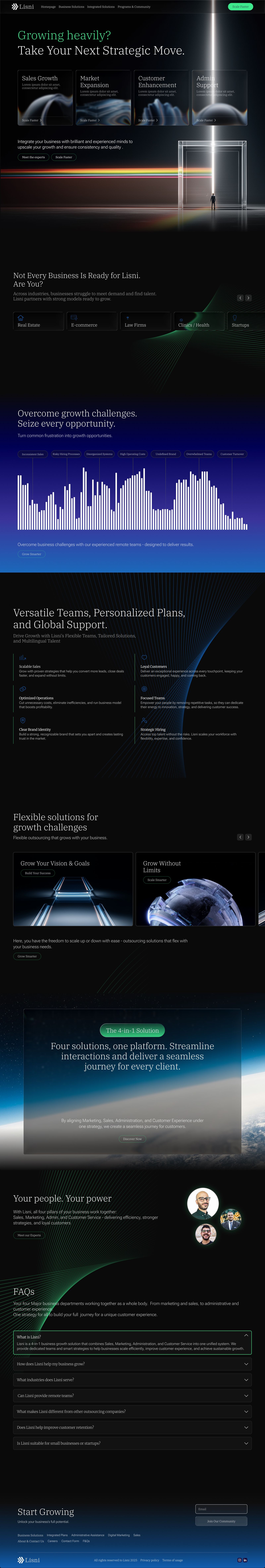 Full dark Lisni homepage design: hero, industry tabs, bar chart stats, team section, FAQs and footer