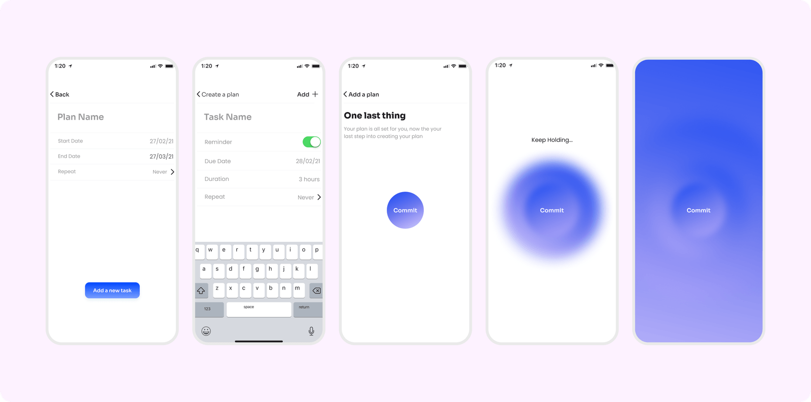 Five Mindset screens: naming a plan, adding tasks, then holding the Commit button until it fills