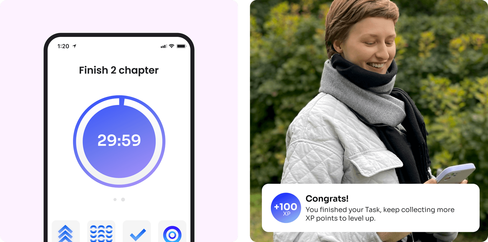 Mindset focus timer counting 29:59 beside woman outdoors receiving a plus 100 XP congratulations card