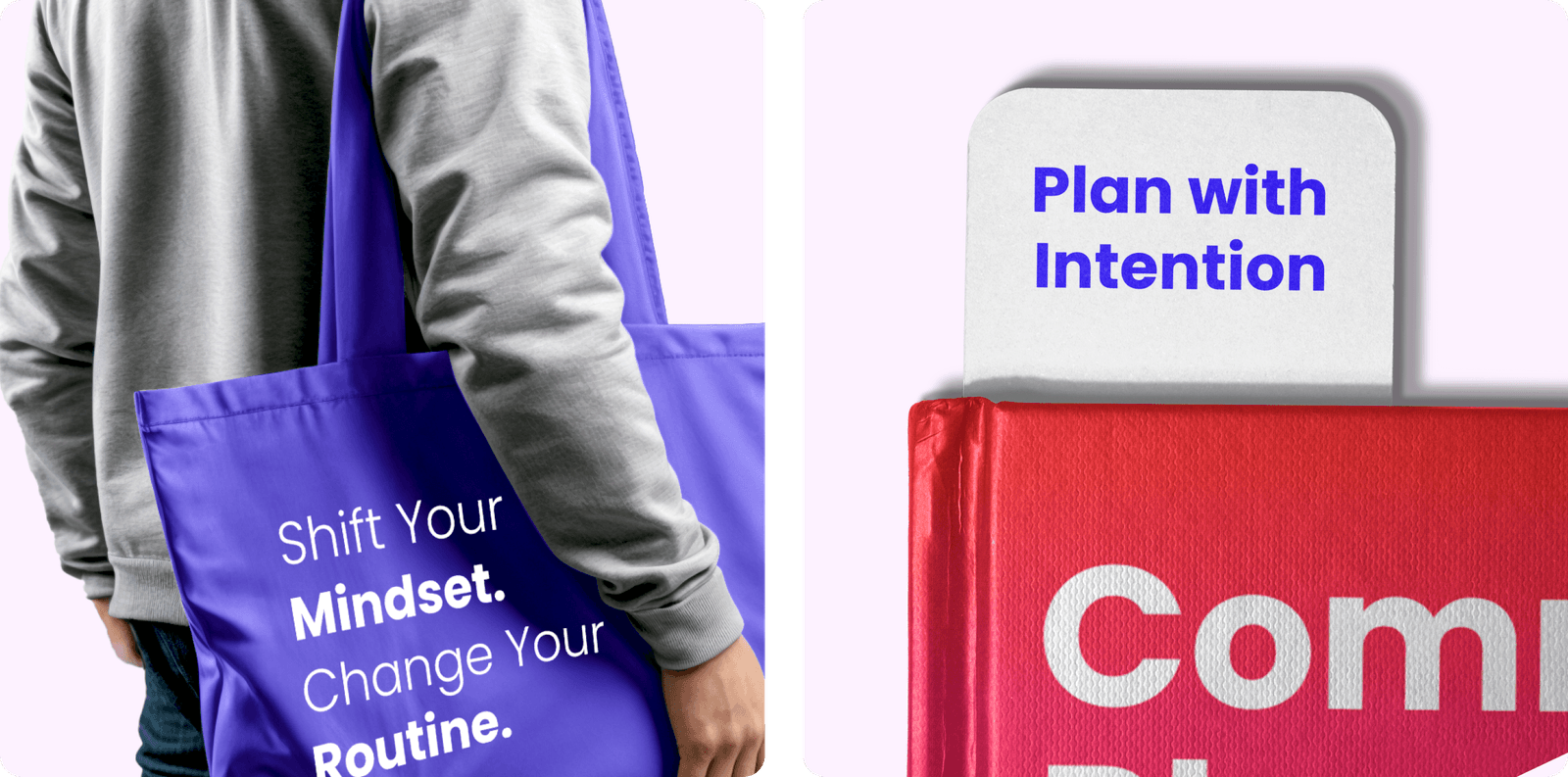 Purple Mindset tote reading Shift Your Mindset Change Your Routine, beside red Plan with Intention book