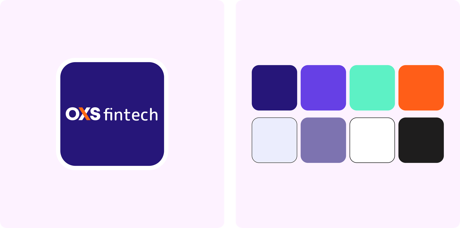 OXS fintech app icon in navy beside eight brand color swatches including violet, mint and orange