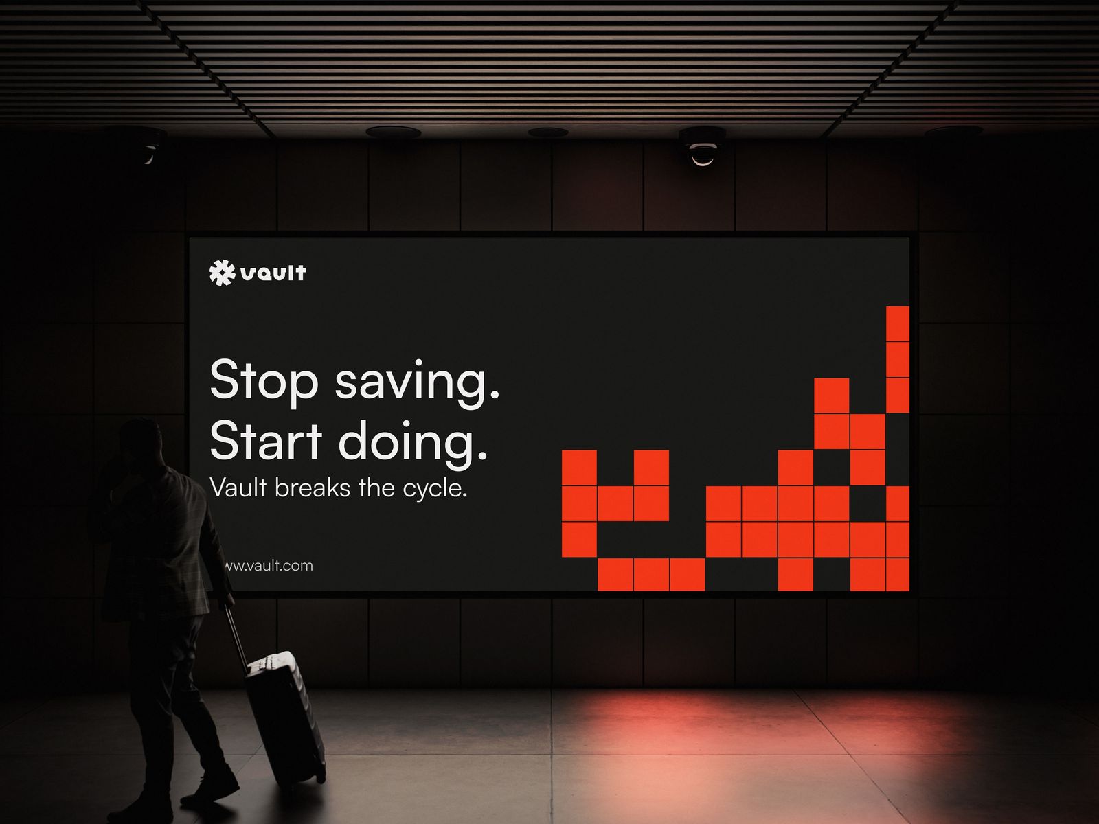 Backlit transit billboard with Vault logo, Stop saving Start doing headline, and rising red pixel chart