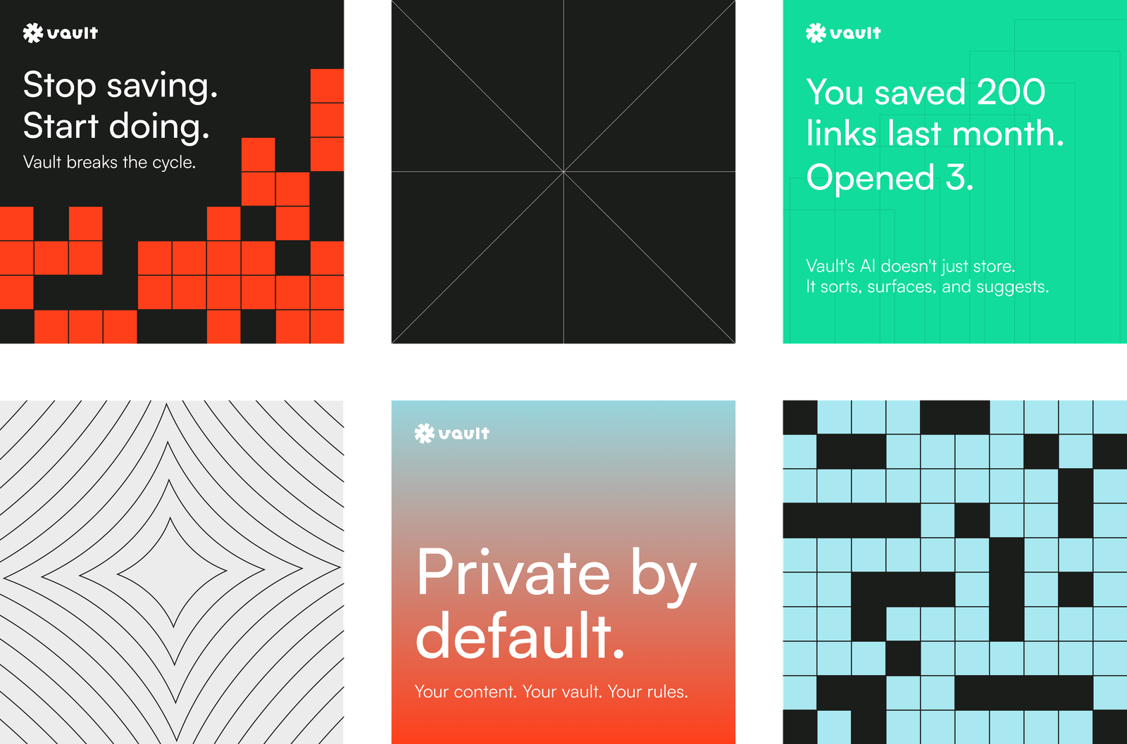 Six square Vault brand tiles: slogans, logo construction grid, pixel blocks and concentric line patterns