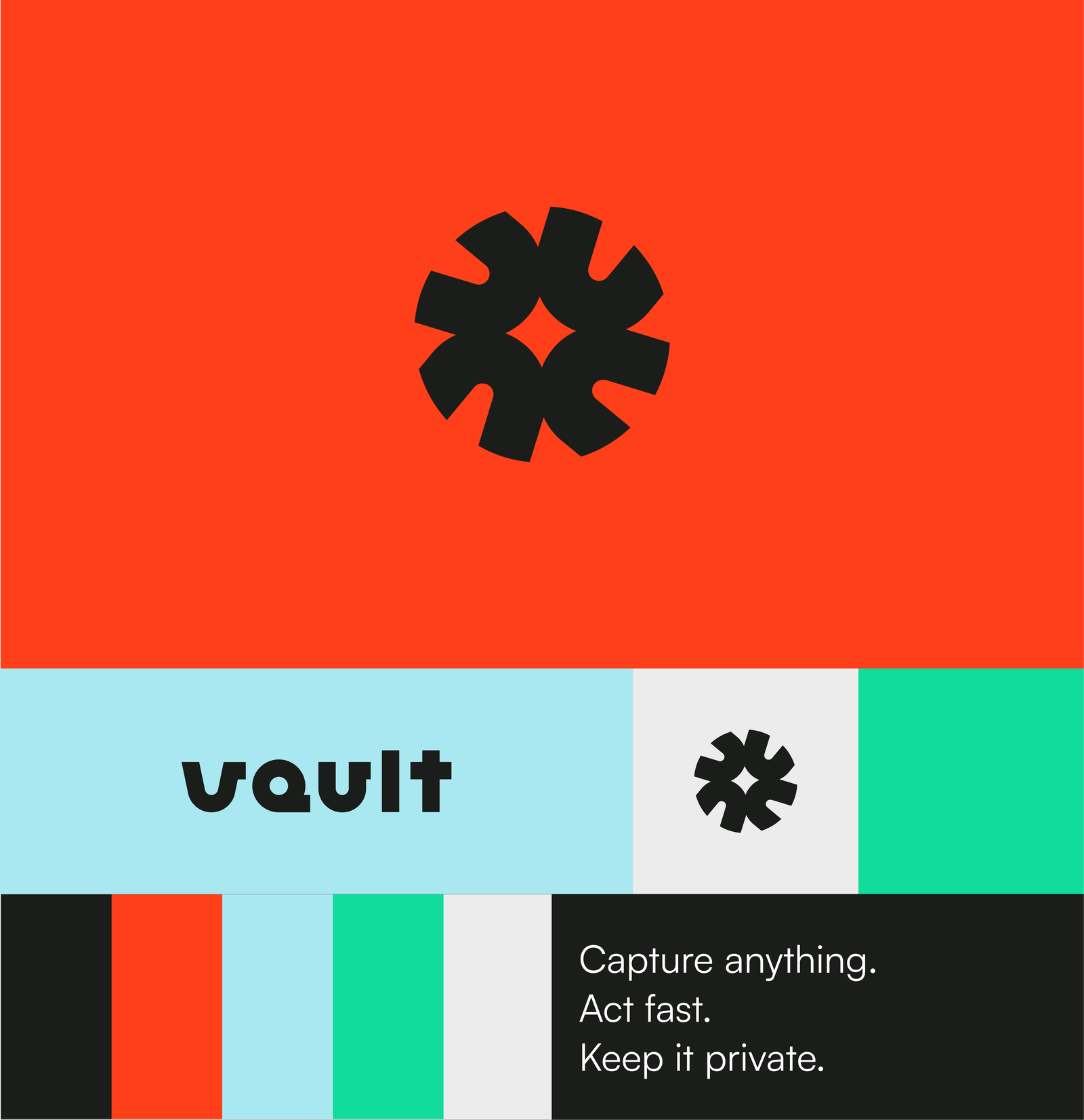 Vault brand board with asterisk mark, wordmark, color swatches and Capture anything Act fast tagline
