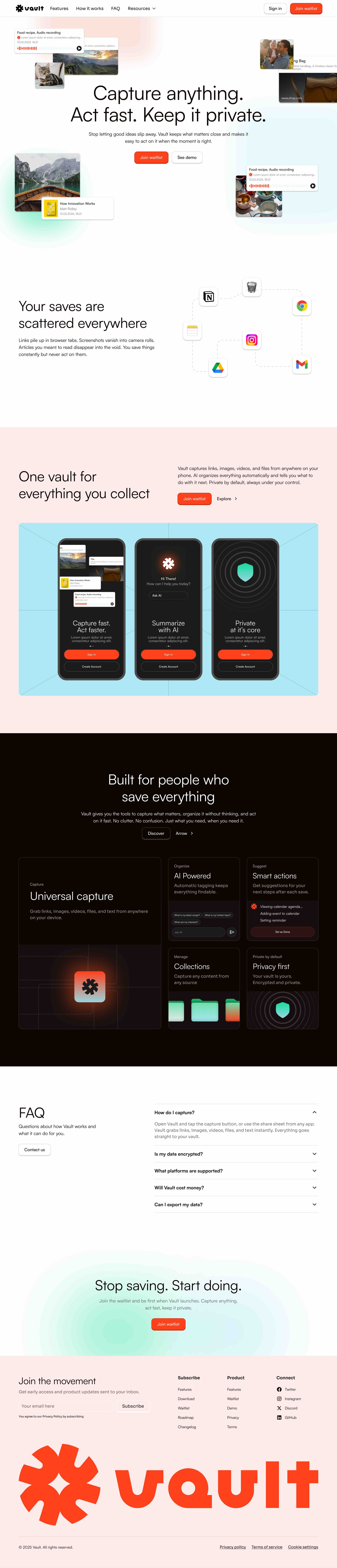 Full Vault homepage design scrolling from hero and phone screens through feature grid, FAQ and footer