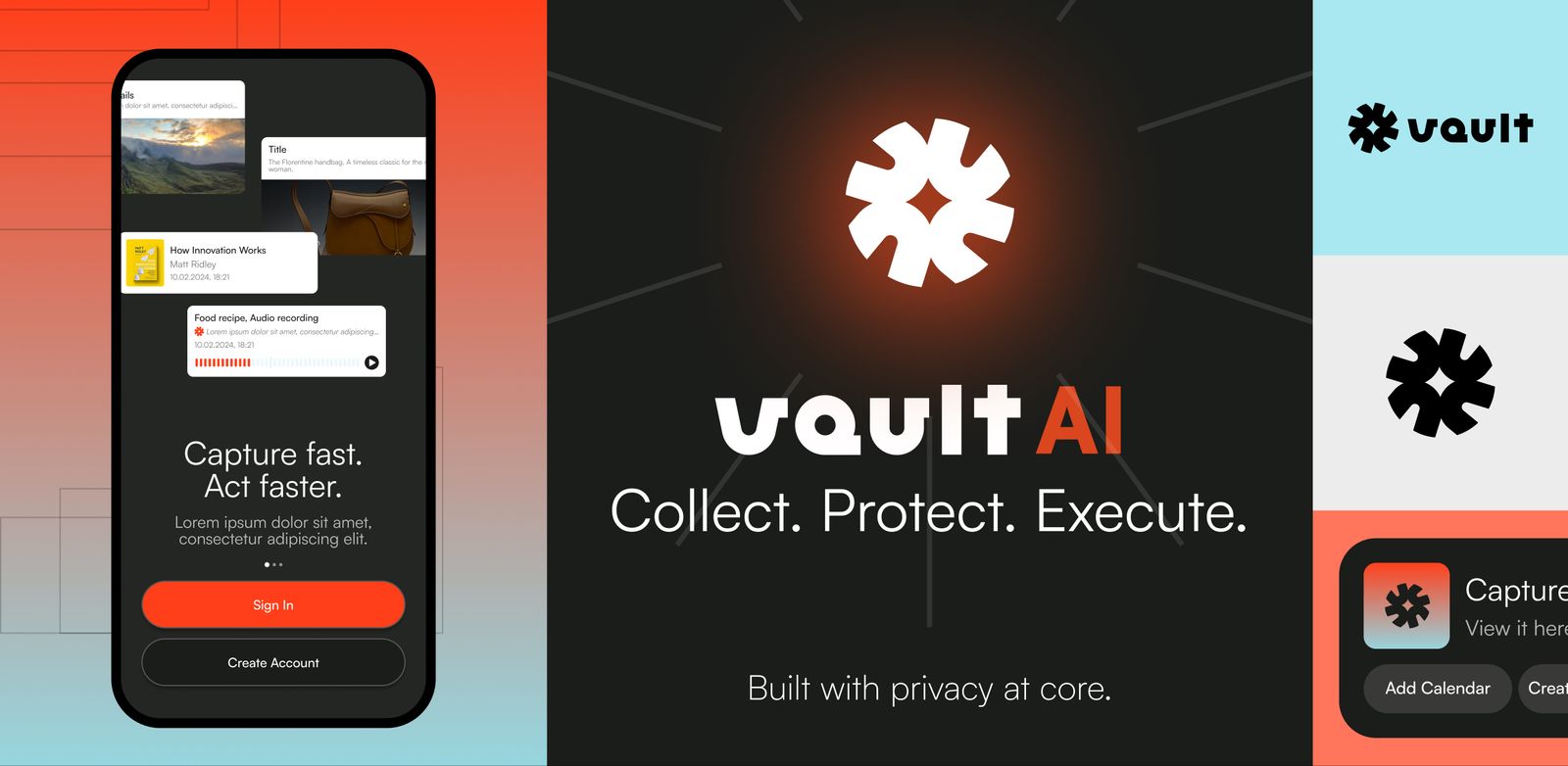 Vault app phone screen beside dark Vault AI panel reading Collect Protect Execute and logo blocks