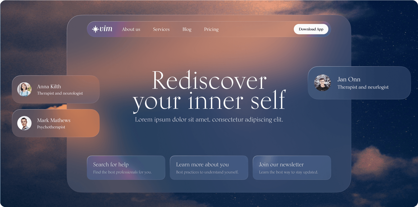 Vim website hero, Rediscover your inner self over dusk sky with floating therapist cards