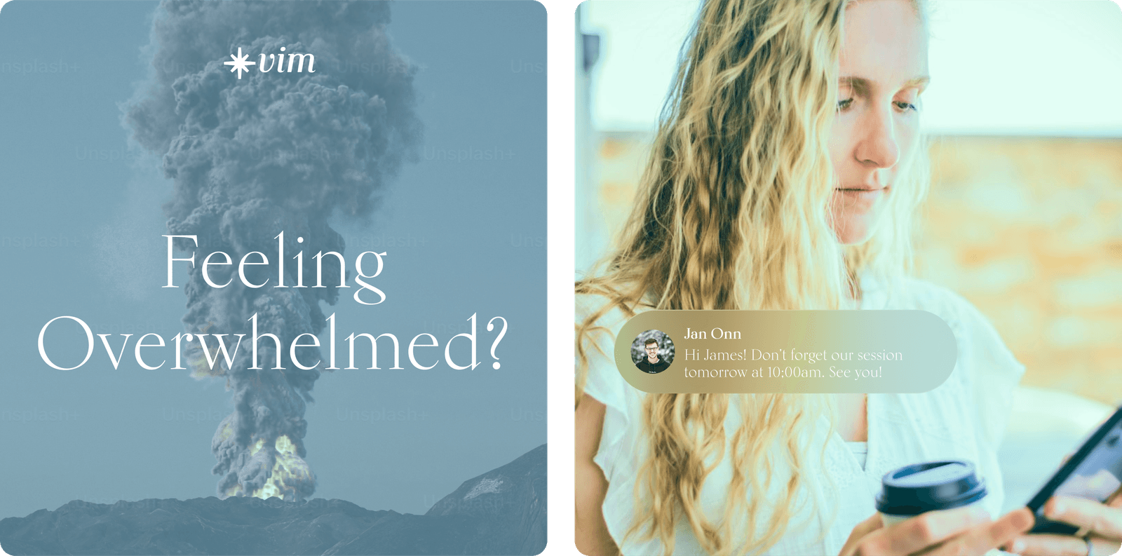 Feeling Overwhelmed poster over ash plume, beside session reminder notification on a lifestyle photo