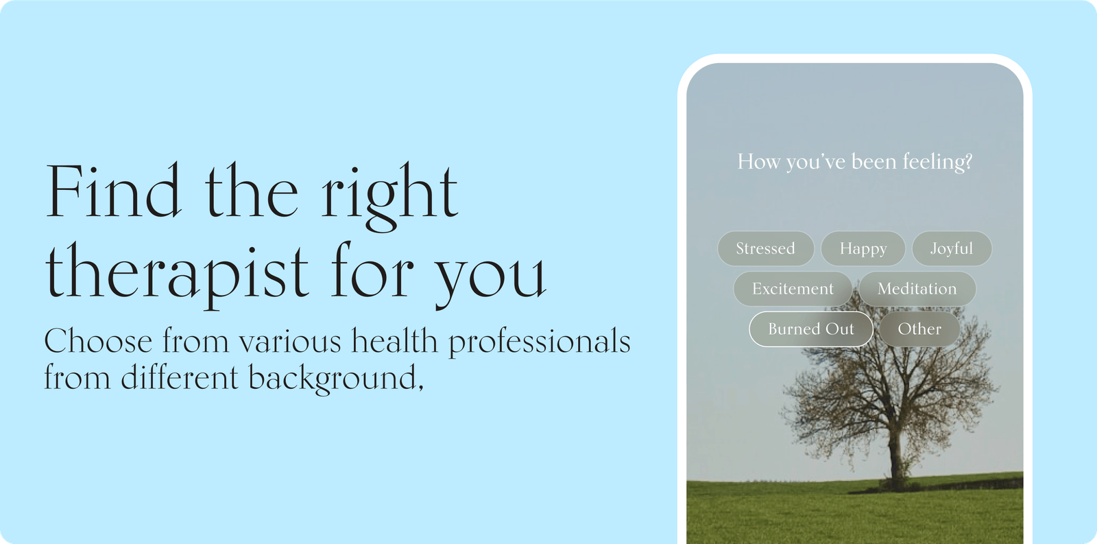 Find the right therapist headline beside phone mood picker with Stressed and Burned Out chips